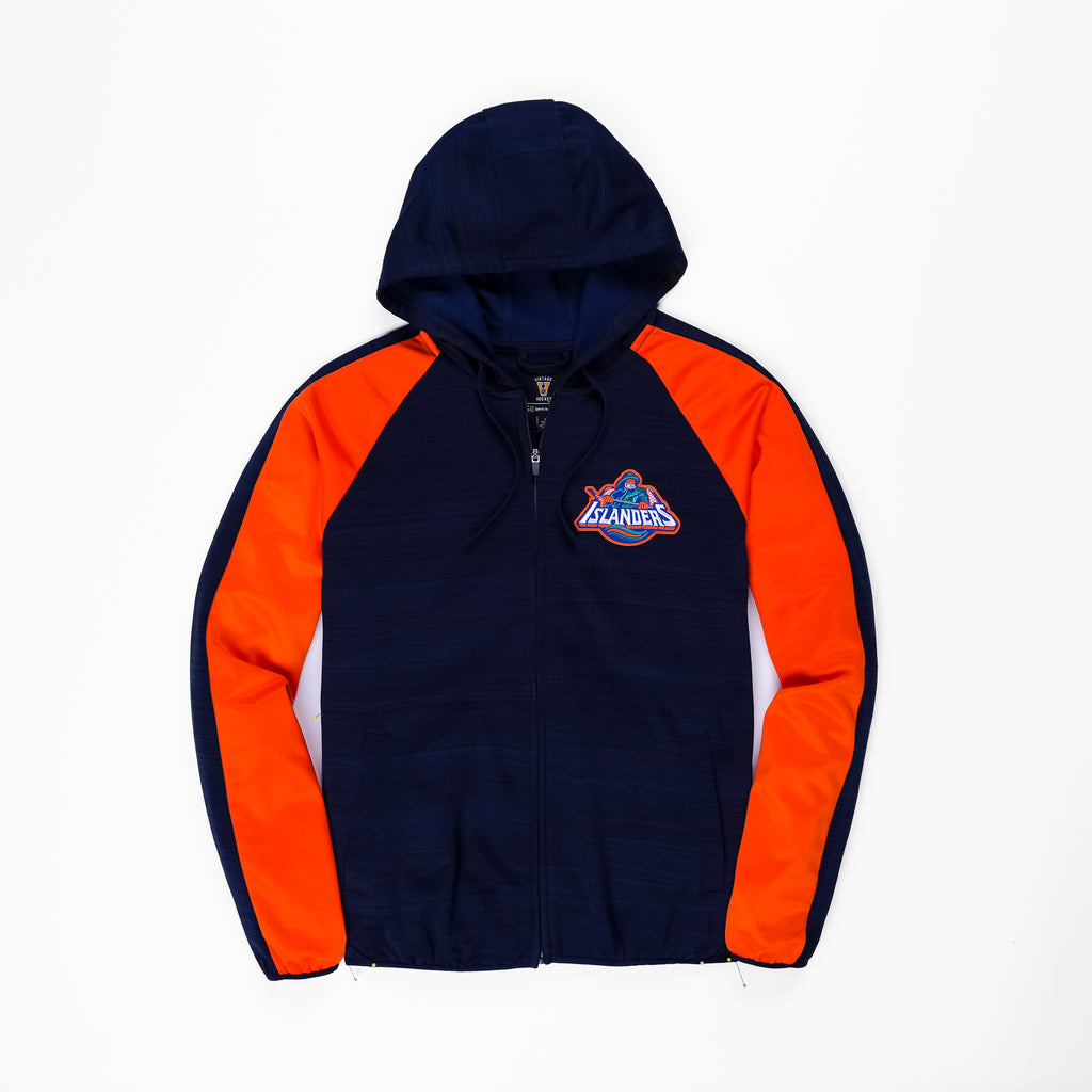 New York Islanders navy blue track jacket with fisherman logo with orange sleeves made by GIII