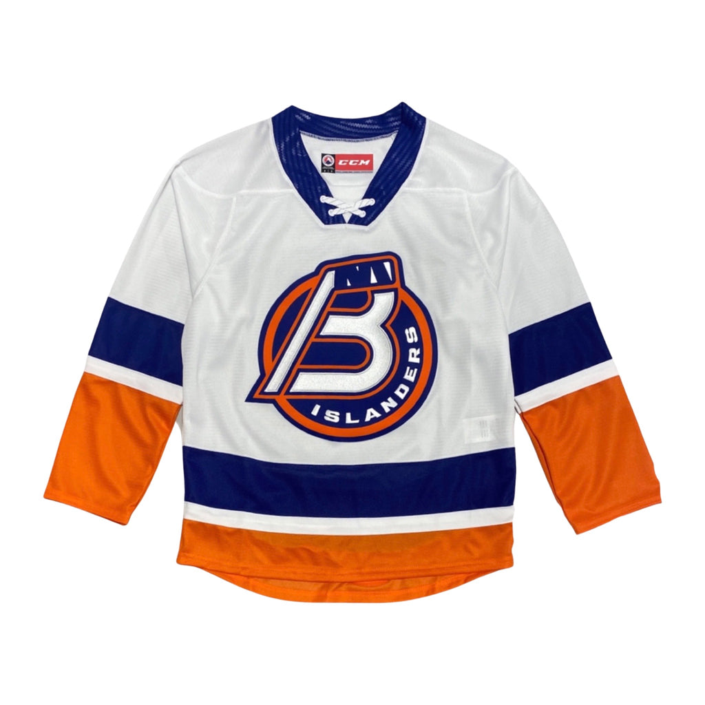 Bridgeport Islanders white away jersey with blue and orange stripe made by CCM