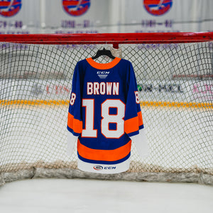 #18 Brown Bridgeport BPI Blue Game Used Jersey