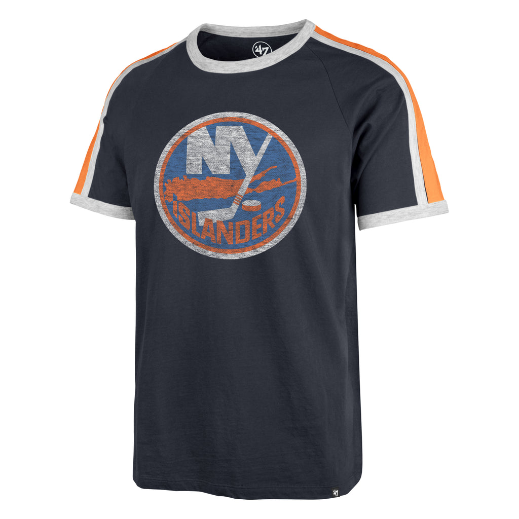 New York Islanders navy short sleeve shirt with primary logo and or and white stripe made by '47 Brand