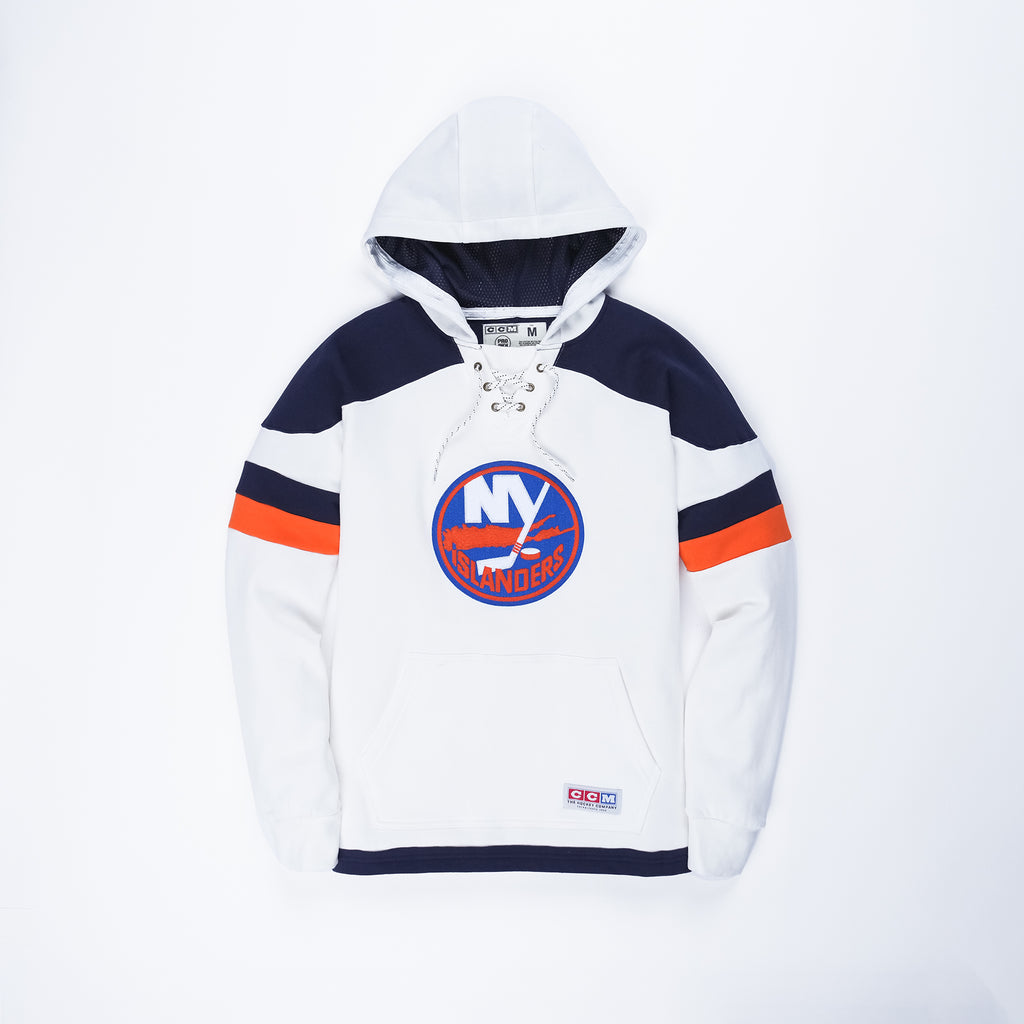 New York Islanders white jersey hoodie with primary logo and navy and orange stripe made by CCM