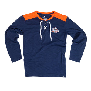 New York Islanders Reverse Retro navy long sleeve lace up tee with orange shoulders made by Fanatics