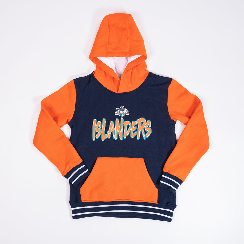 New York Islanders Youth Reverse Retro hoodie with orange hood,  sleeves, and pocket with navy and white stripe