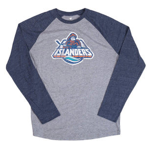 New York Islanders Reverse Retro grey triblend long sleeve tee with navy sleeve made by Fanatics