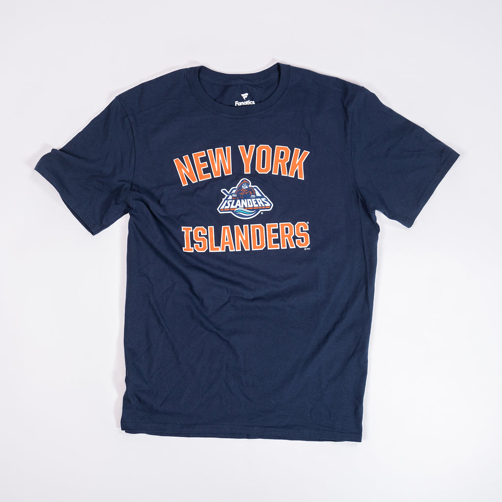 New York Islanders Reverse Retro navy cotton short sleeve tee with orange and white lettering made by Fanatics