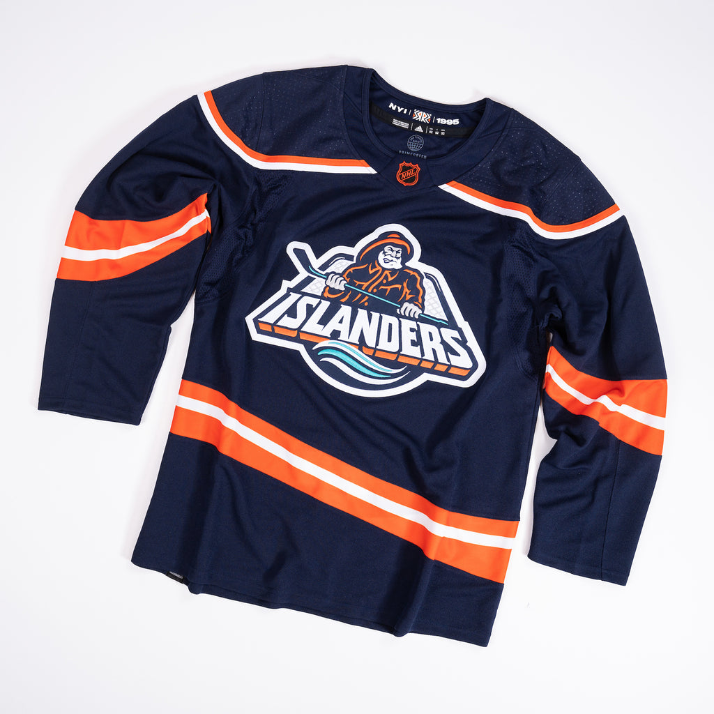New York Islanders Reverse Retro Navy Fisherman Jersey with orange and white stripes made by adidas