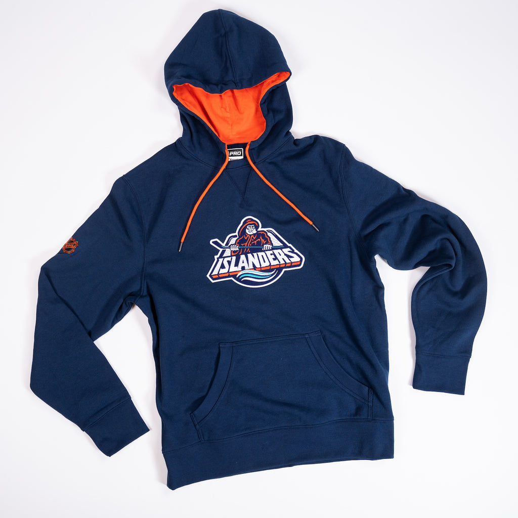 New York Islanders Reverse Retro navy fleece hoodie with orange lining made by Fanatics