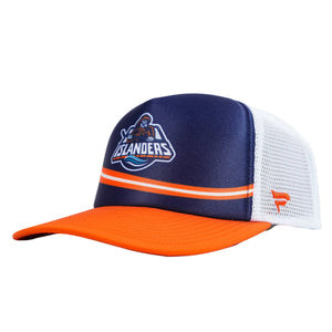 New York Islanders Reverse Retro navy foam trucker hat with orange brim made by Fanatics