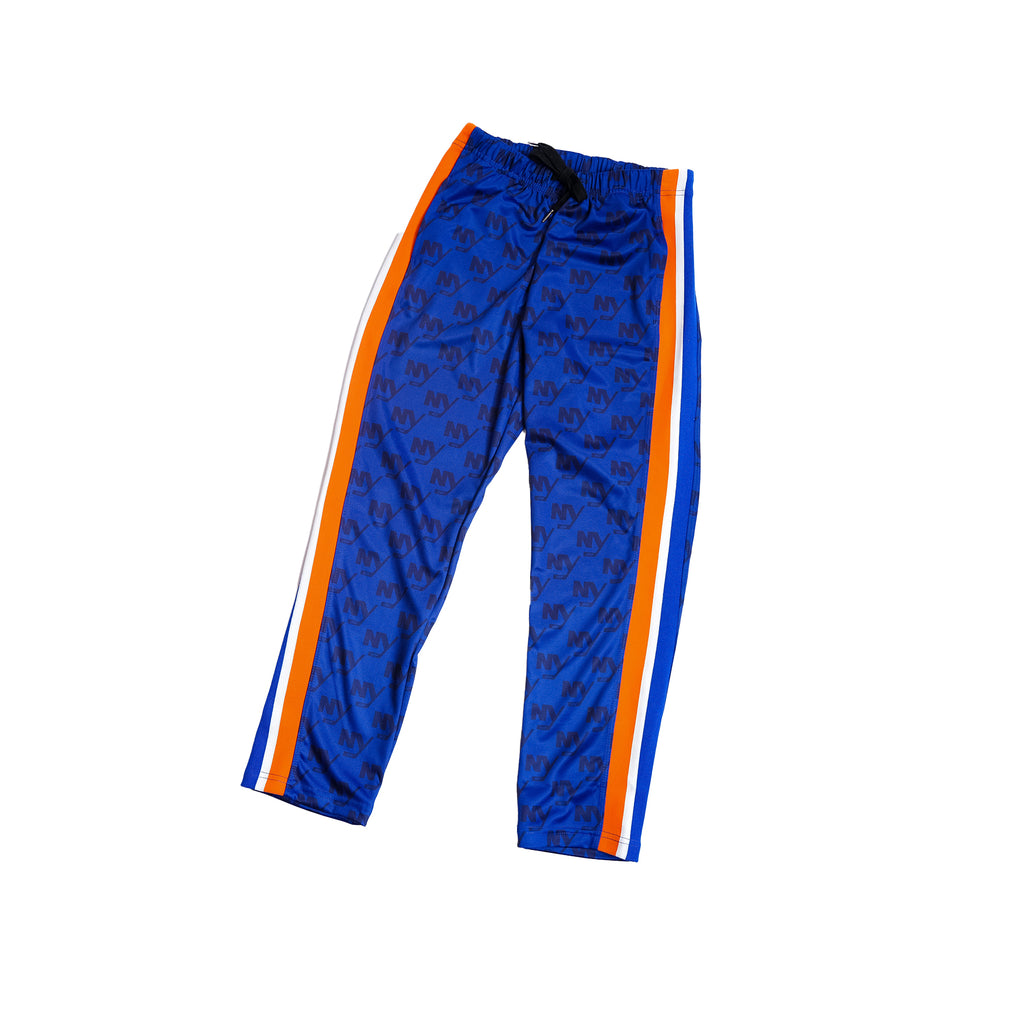 New York Islanders blue monogram logo track pant with orange, white, and blue stripe