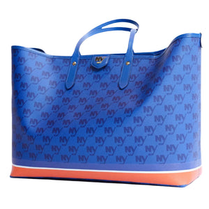 New York Islanders royal blue monogram tote bag with blue, white, and orange stripe