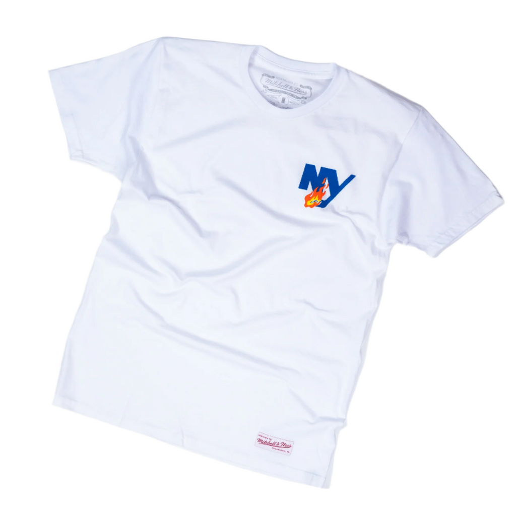 New York Islanders white short sleeve tee with flame NY logo made by Mitchell and Ness