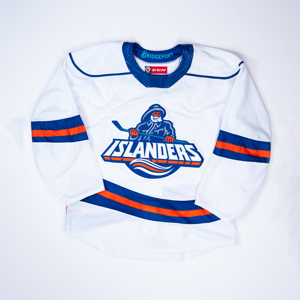 Bridgeport Islanders third jersey with an orange and blue fisherman logo on the front.