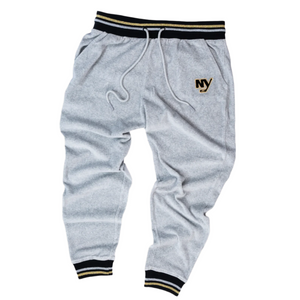 New York Islanders NY grey velor sweatpant with black, silver, and gold stripe 