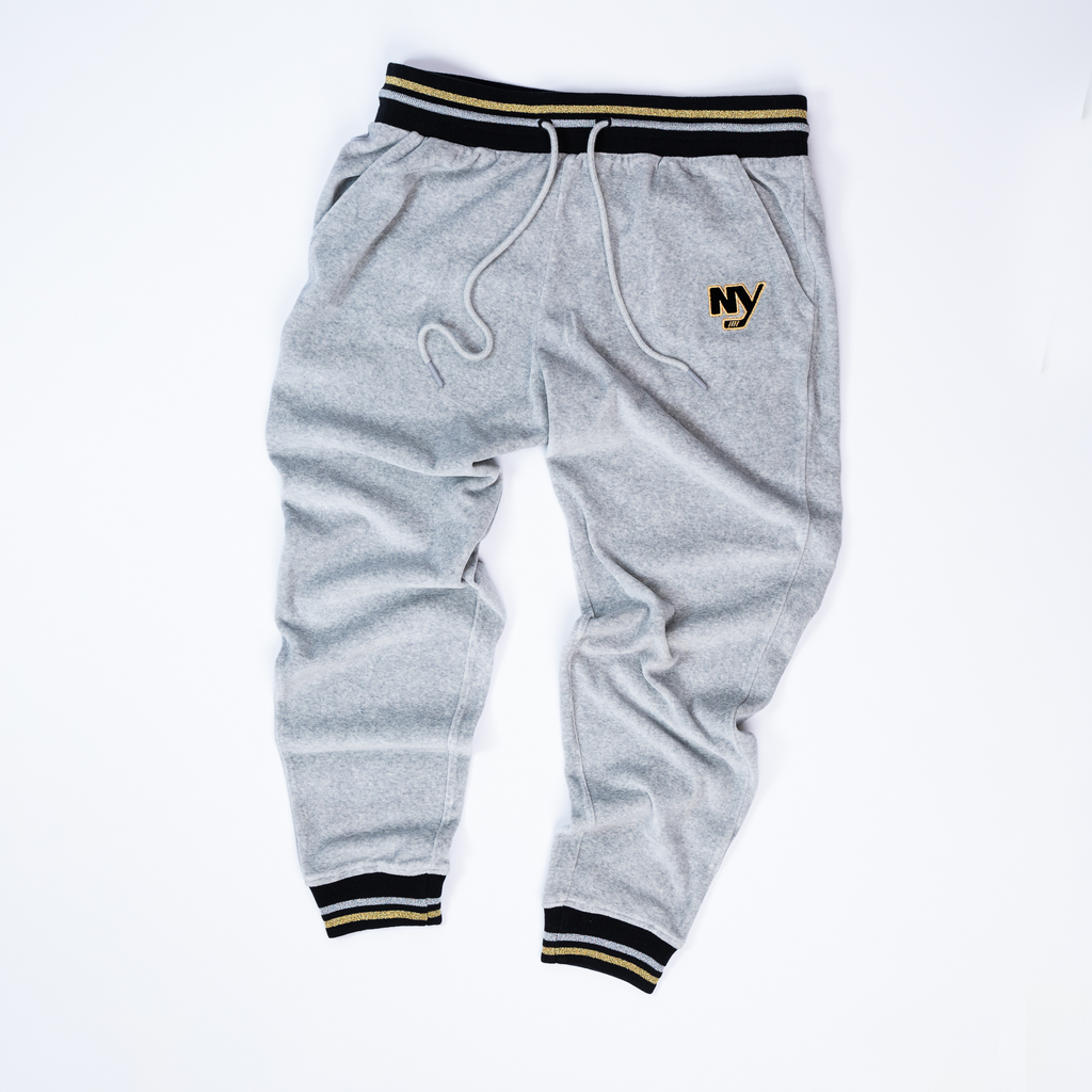 New York Islanders NY grey velor sweatpant with black, silver, and gold stripe 