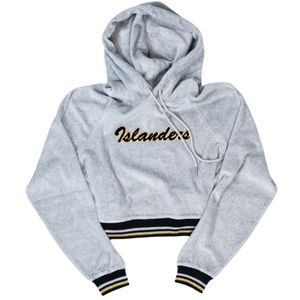 New York Islanders grey velor cropped sweatshirt with black and gold script and silver, black, and gold stripe