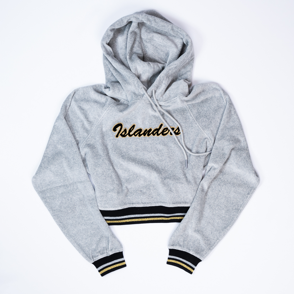 New York Islanders grey velor cropped sweatshirt with black and gold script and silver, black, and gold stripe