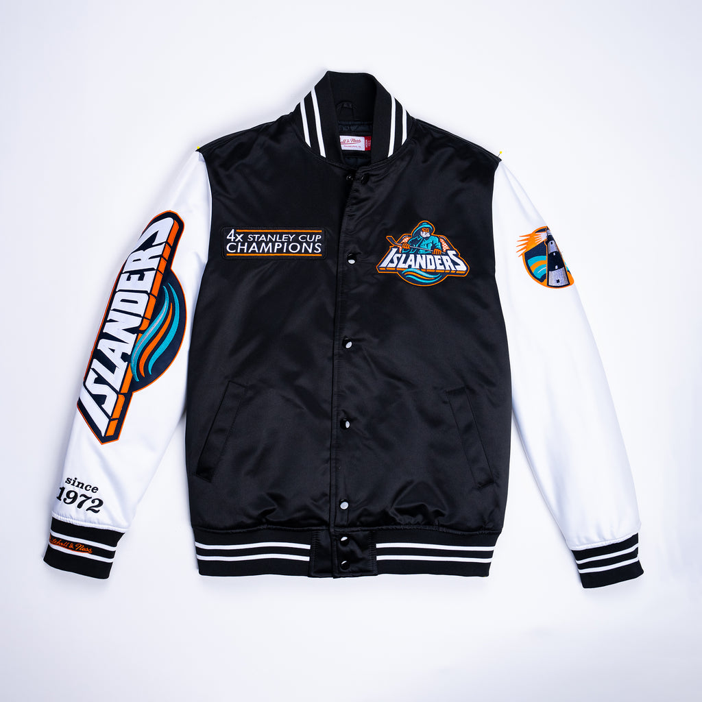 New York Islanders fisherman all over patch black satin varsity jacket with white stripe and sleeve made by Mitchell and Ness