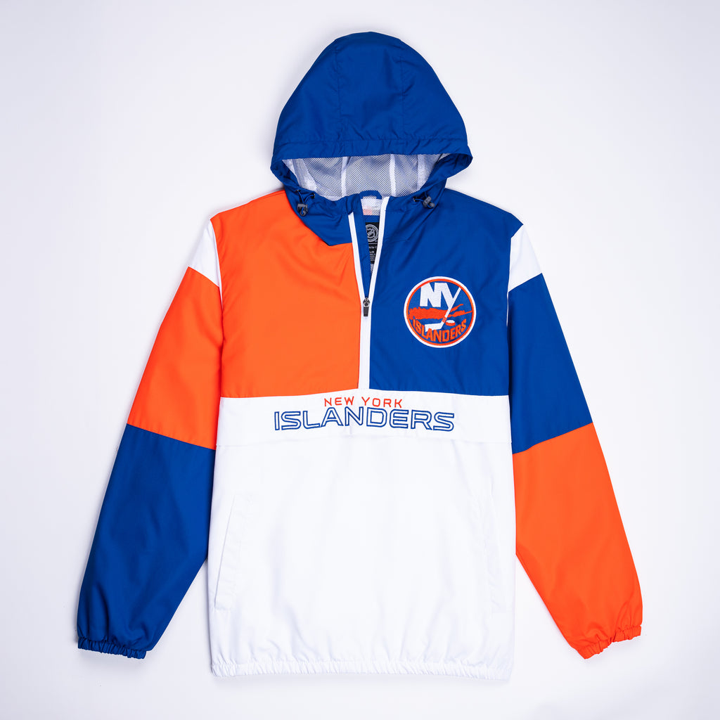 New York Islanders white, orange, and blue lightweight half zip with primary logo made by GIII