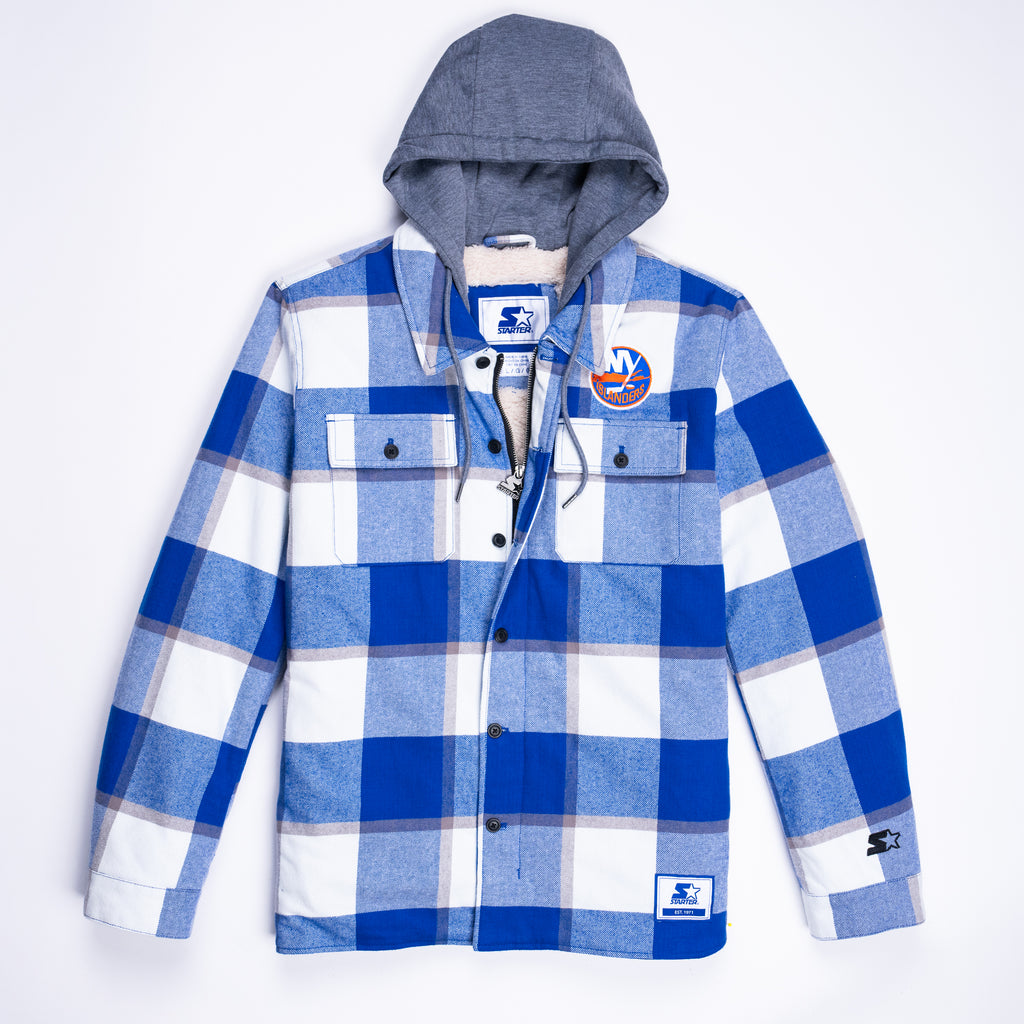 New York Islanders blue and white plain sherpa lined jacket with grey hood and primary logo made by Starter 