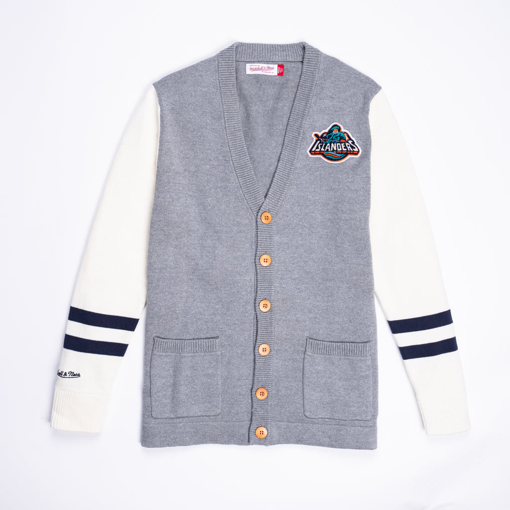 New York Islanders gray cardigan with fisherman patch and white sleeves with navy stripe made by Mitchell and Ness