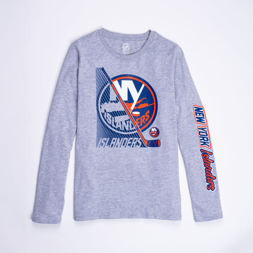 New York Islander Youth gray long sleeve with primary logo and sleeve lettering