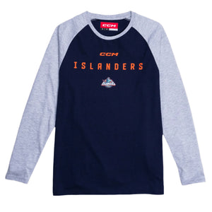 New York Islanders navy long sleeve tee with fisherman logo and gray sleeves made by CCM