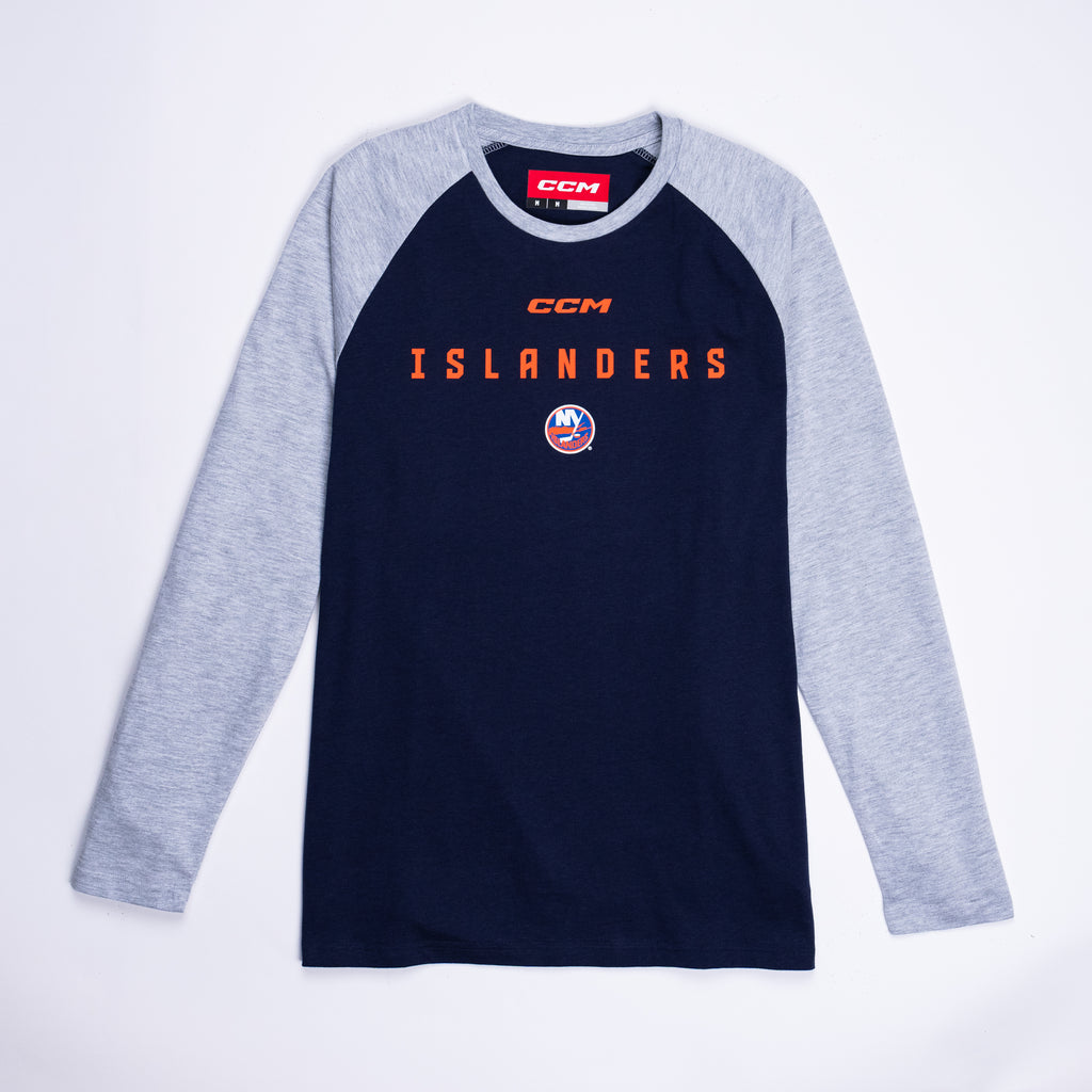 New York Islanders navy long sleeve tee with gray sleeves and primary logo made by CCM