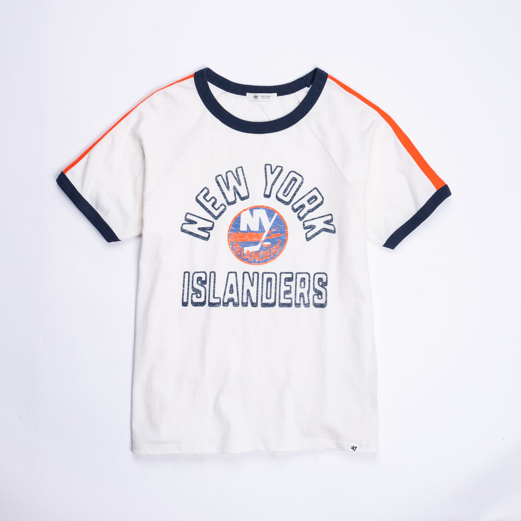 New York Islander womens cream short sleeve with washed primary logo and navy and orange stripe made by '47 Brand