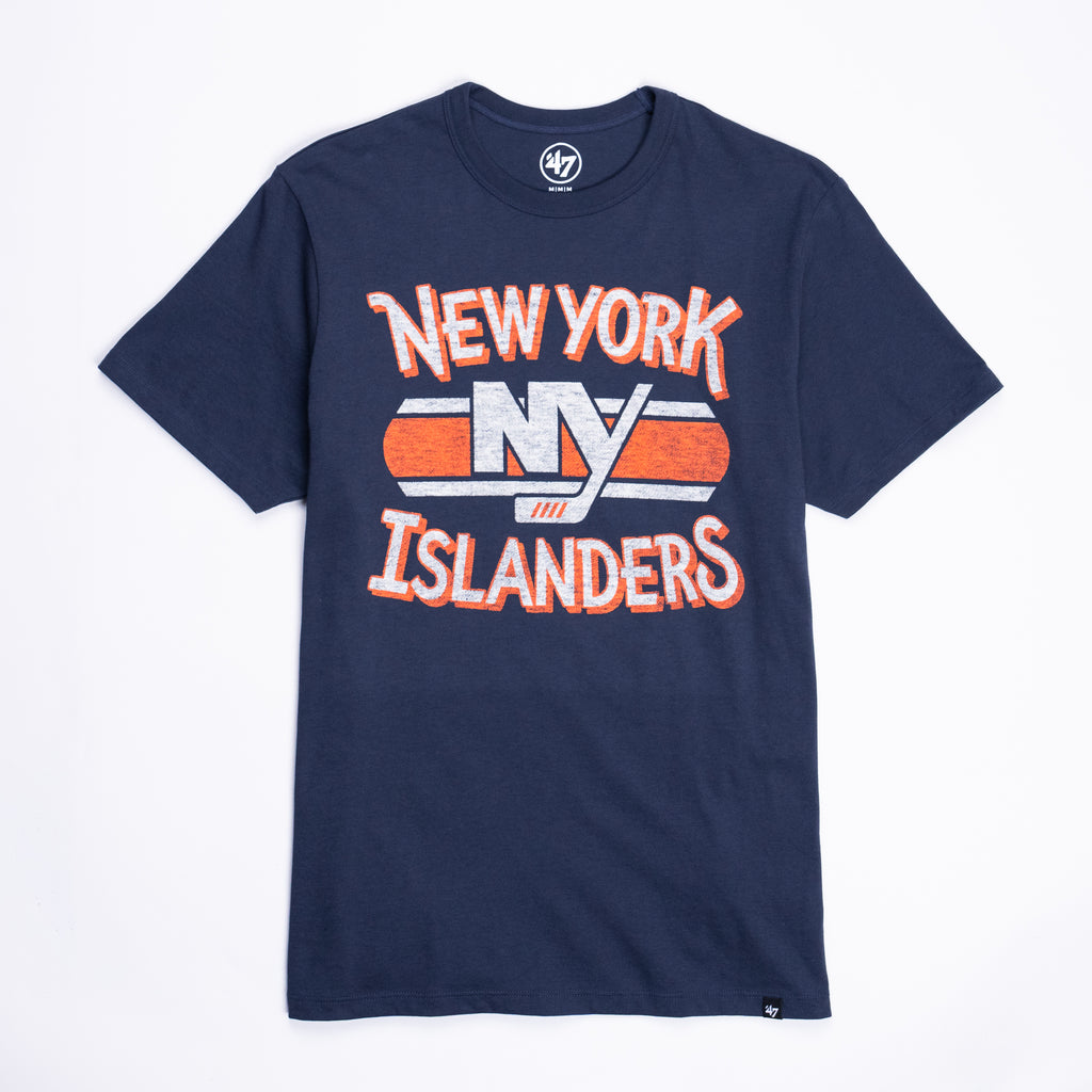 New York Islanders navy short sleeve tee with orange and white lettering and NY logo made by '47 Brand