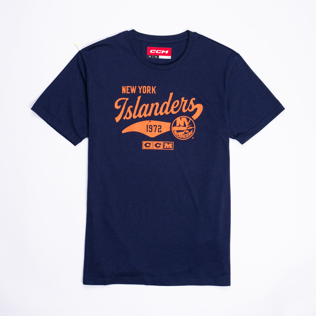 New York Islanders navy short sleeve tee with orange lettering made by CCM