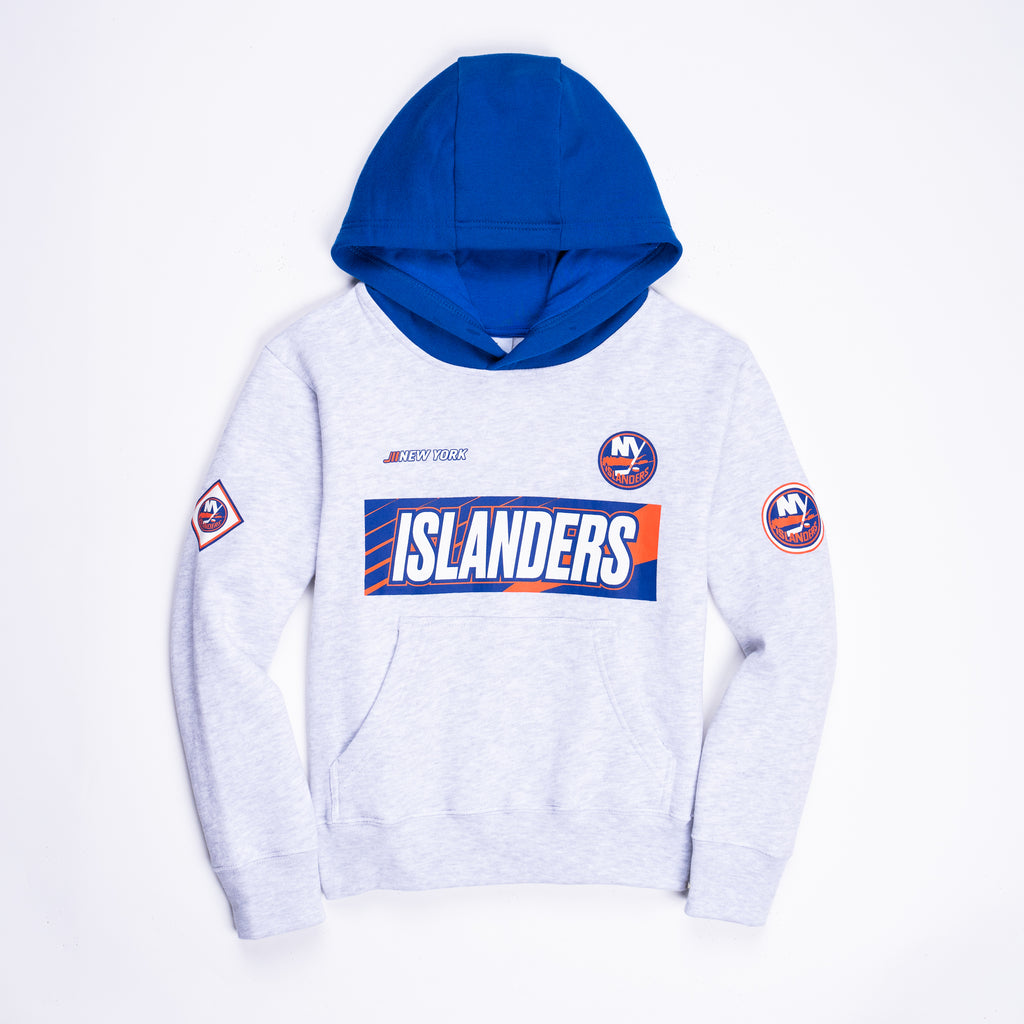 New York Islanders youth grey sweatshirt with primary logo and blue hood