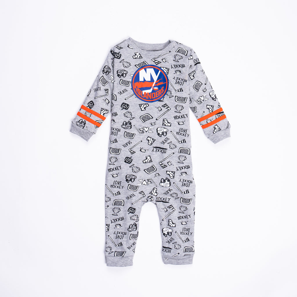 New York Islanders infant gray coverall with primary logo and orange stripe