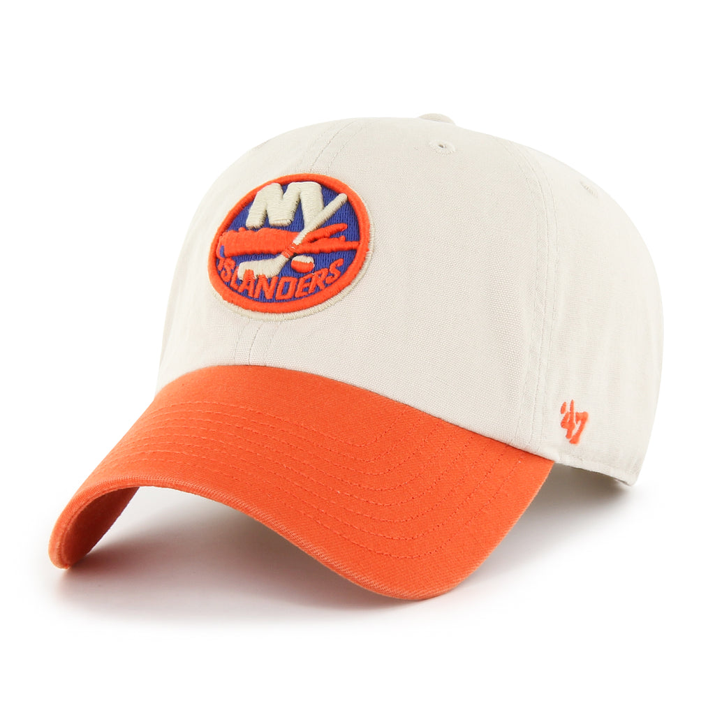 New York Islander cream side clean up hat with primary logo and orange brim made by '47 Brand