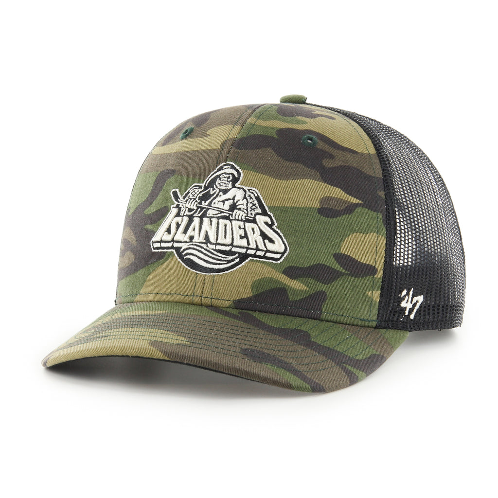New York Islanders camo trucker hat with white fisherman logo made by '47 Brand