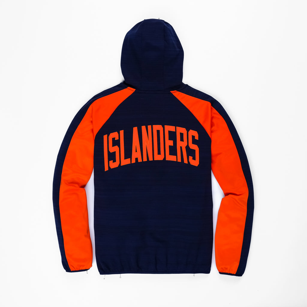 New York Islanders navy blue track jacket with fisherman logo with orange sleeves made by GIII