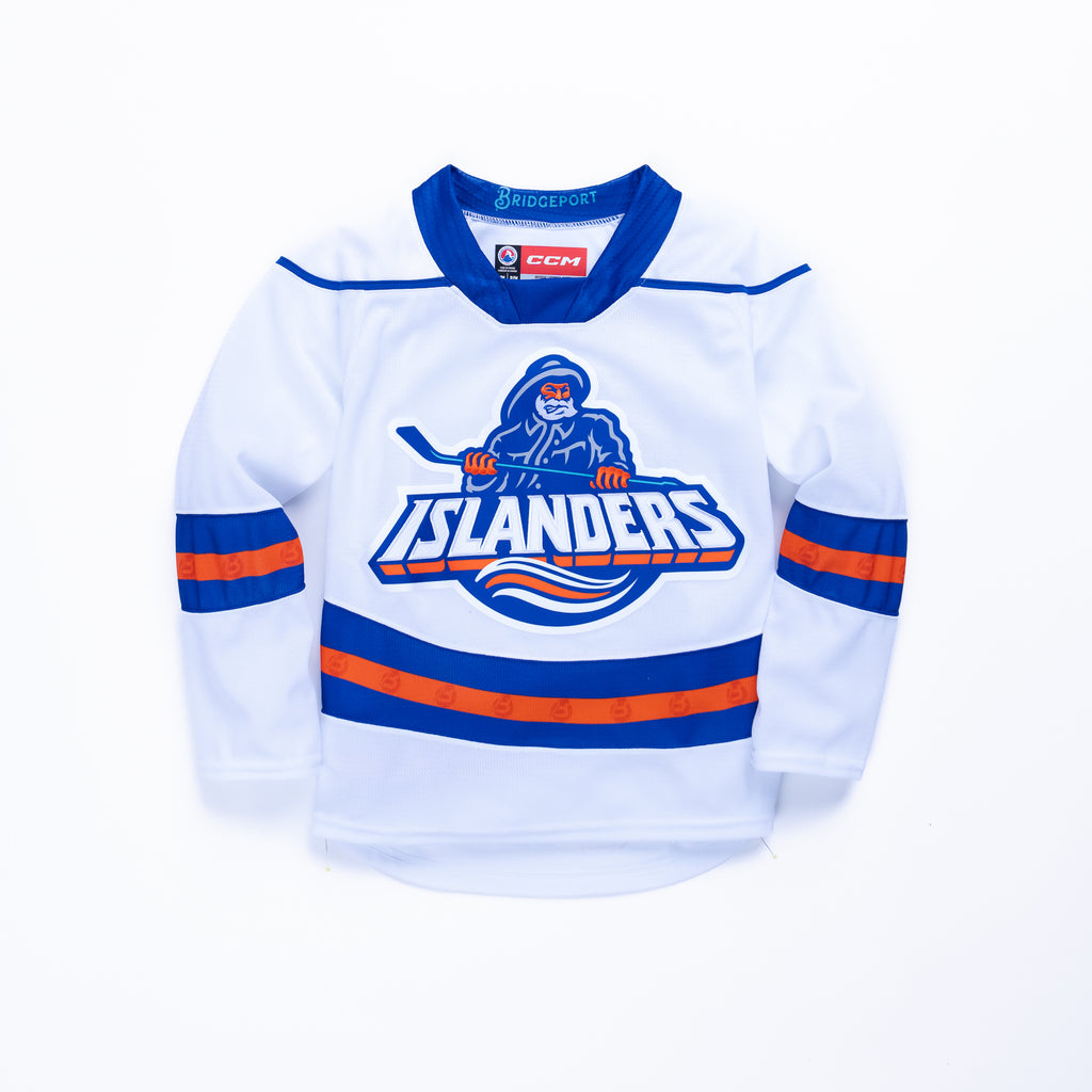 Youth Bridgeport Islanders third jersey with an orange and blue fisherman logo on the front.