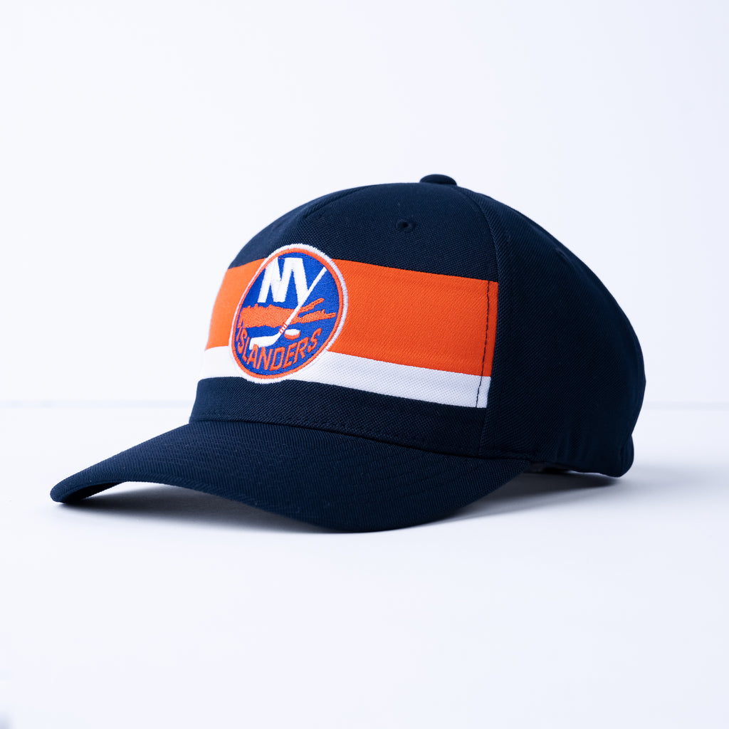 New York Islander navy hat with primary logo and orange and white stripe made by CCM