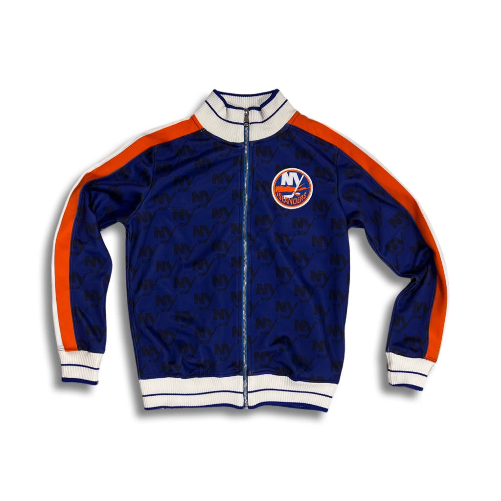 New York Islanders navy monogram track jacket with orange and white sleeve stripe with primary logo