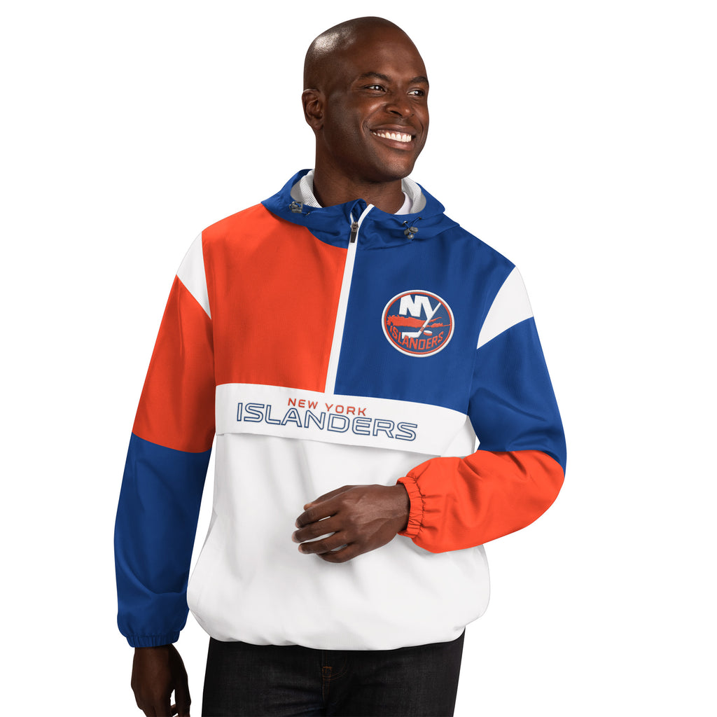 New York Islanders white, orange, and blue lightweight half zip with primary logo made by GIII on model
