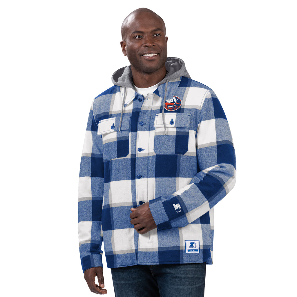 New York Islanders blue and white plain sherpa lined jacket with grey hood and primary logo made by Starter on model