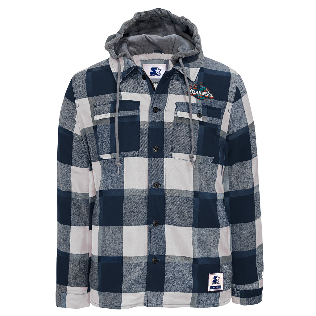 New York Islanders navy and white plaid sherpa lined jacket with grey hood with fisherman logo made by Starter