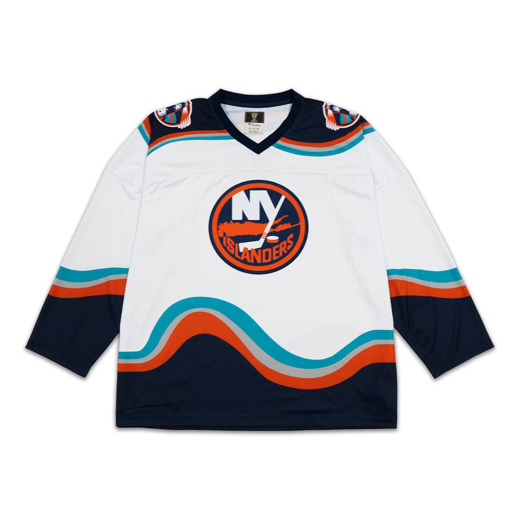 New York Islanders blank primary logo wave jersey with navy, orange, grey, and teal stripe made by Fanatics