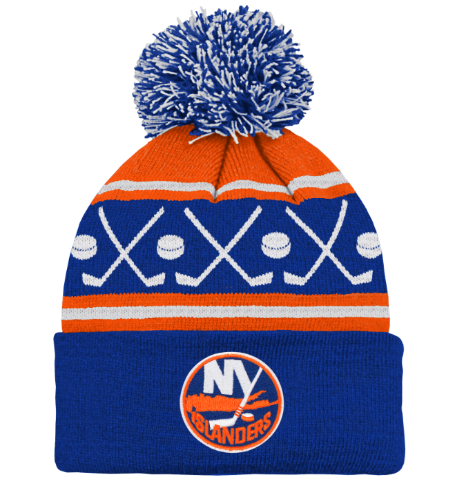 New York Islanders blue pom knit hat with orange and with stripe and hockey stick and puck