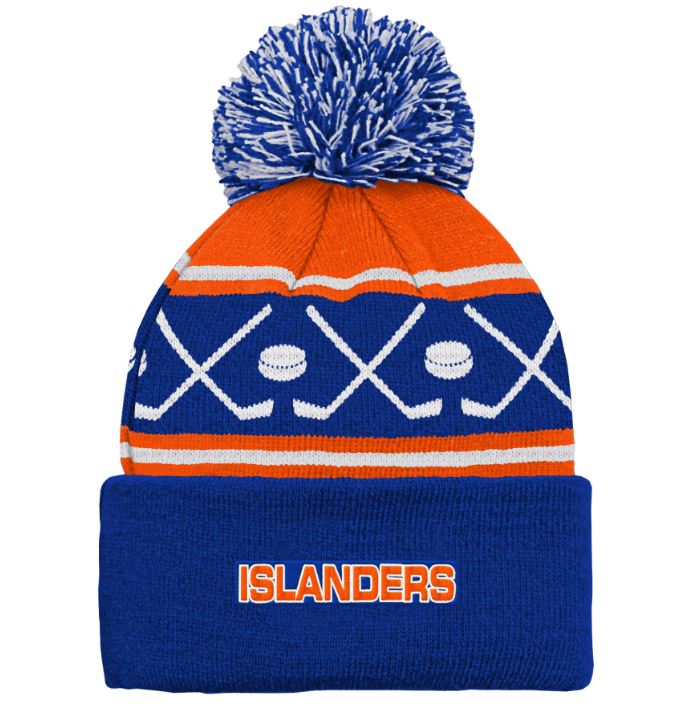 New York Islanders blue pom knit hat with orange and with stripe and hockey stick and puck