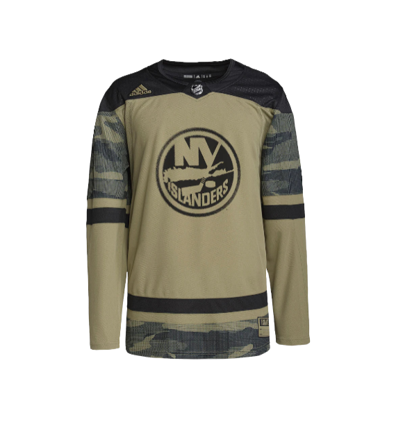 Islanders Pro Military jersey with black primary logo on the front and camo stripes.