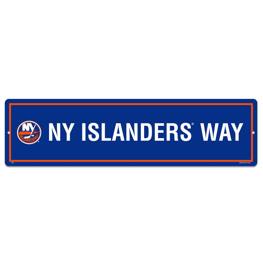 New York Islanders way blue sign with orange border and primary logo