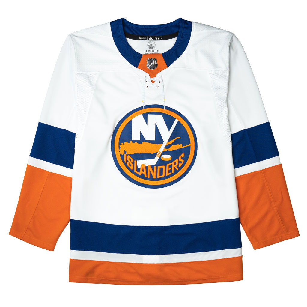 New York Islanders white away primary jersey with blue and orange stripe made by adidas