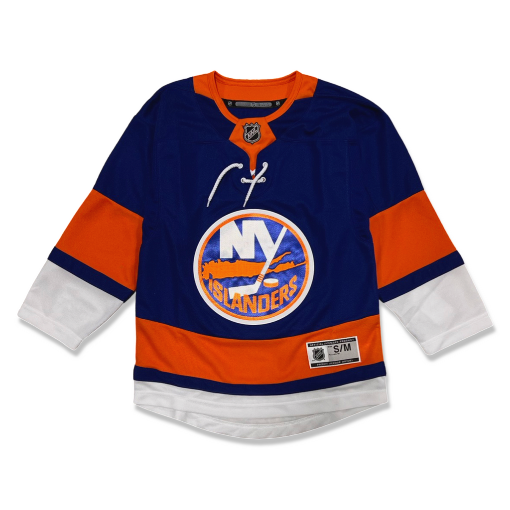Youth New York Islanders blue home primary jersey with orange and white stripe