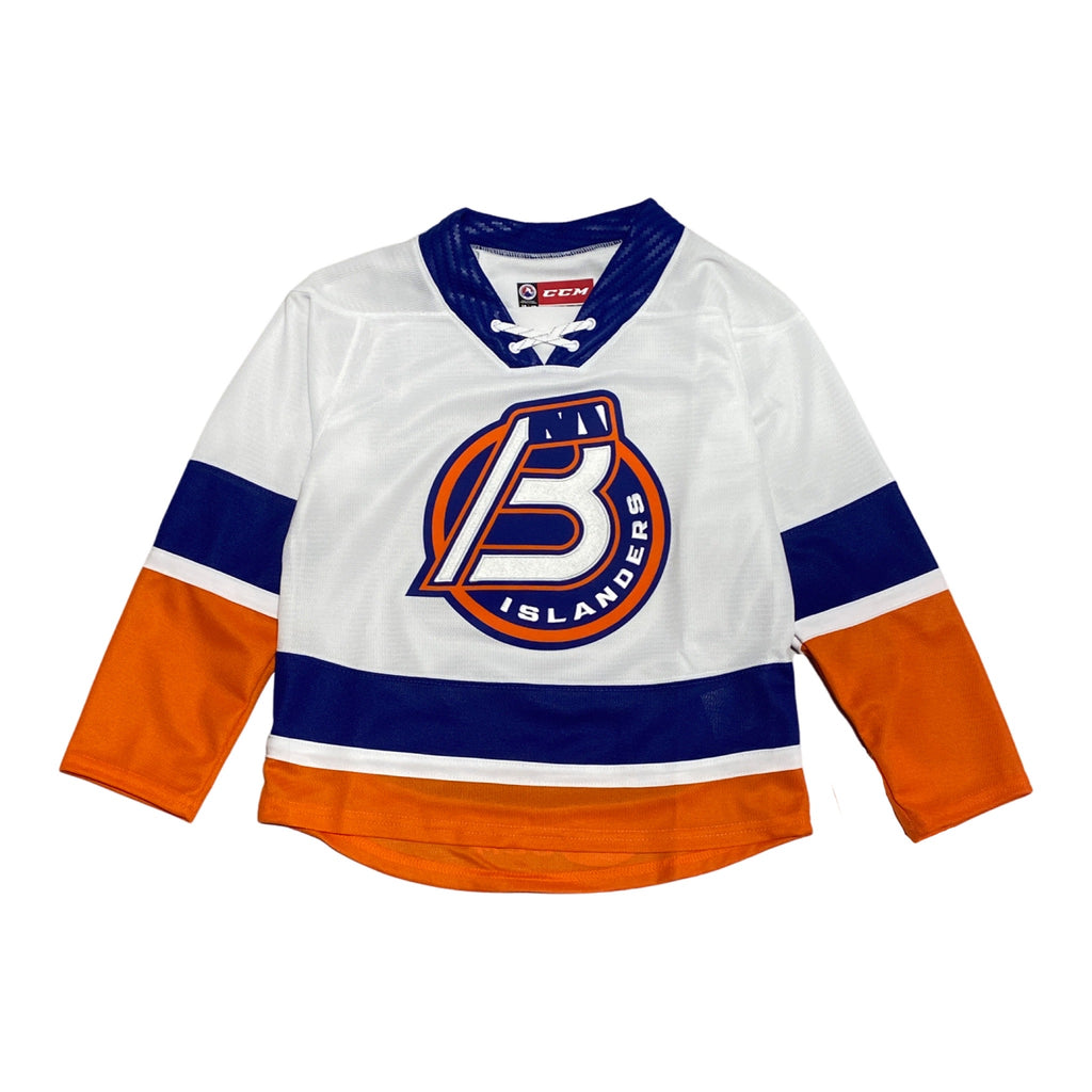 Youth Bridgeport Islanders White Away jersey with blue and orange stripe made by CCM