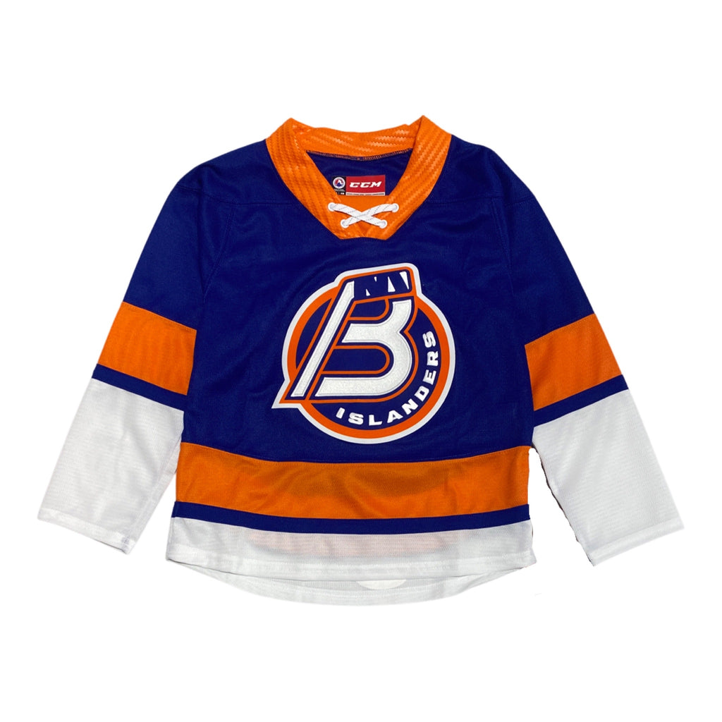 Youth Bridgeport Islanders blue home jersey with orange and white stripe made by CCM